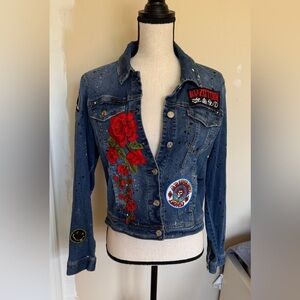 Custom 🎸Denim Jacket Classic Rock Theme M Stones Dead Beatles Zeppelin Roses